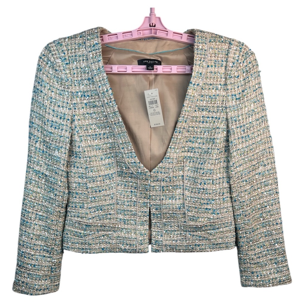 Ann Taylor Metallic Tweed Cropped Blazer V-neck & Long Sleeves, Size‎ 0